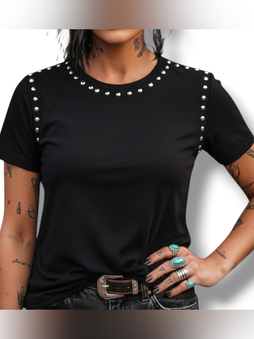 Rowdy Crowd NWT Black Studded Short Sleeve Crew Neck T-Shirt Size Large Alt Rock
